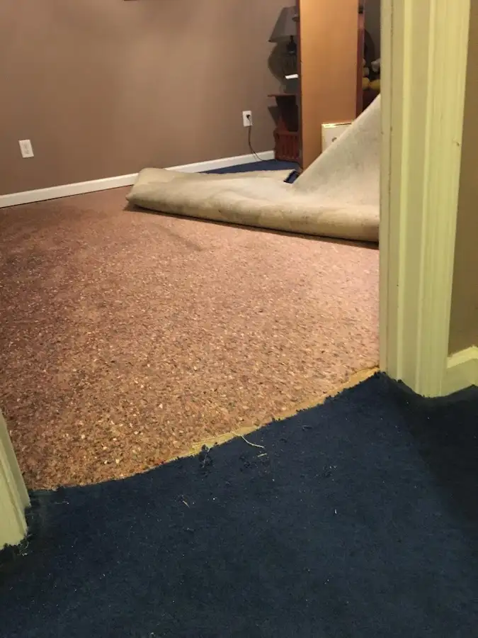 Carpet pad removal revealing water damage during Water Mitigation Services in Pompey